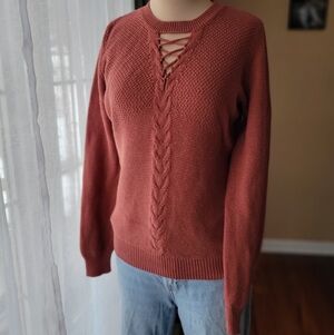 Noir Rust Terracotta Cable Knit Lace-Up V-Neck Sweater Size M